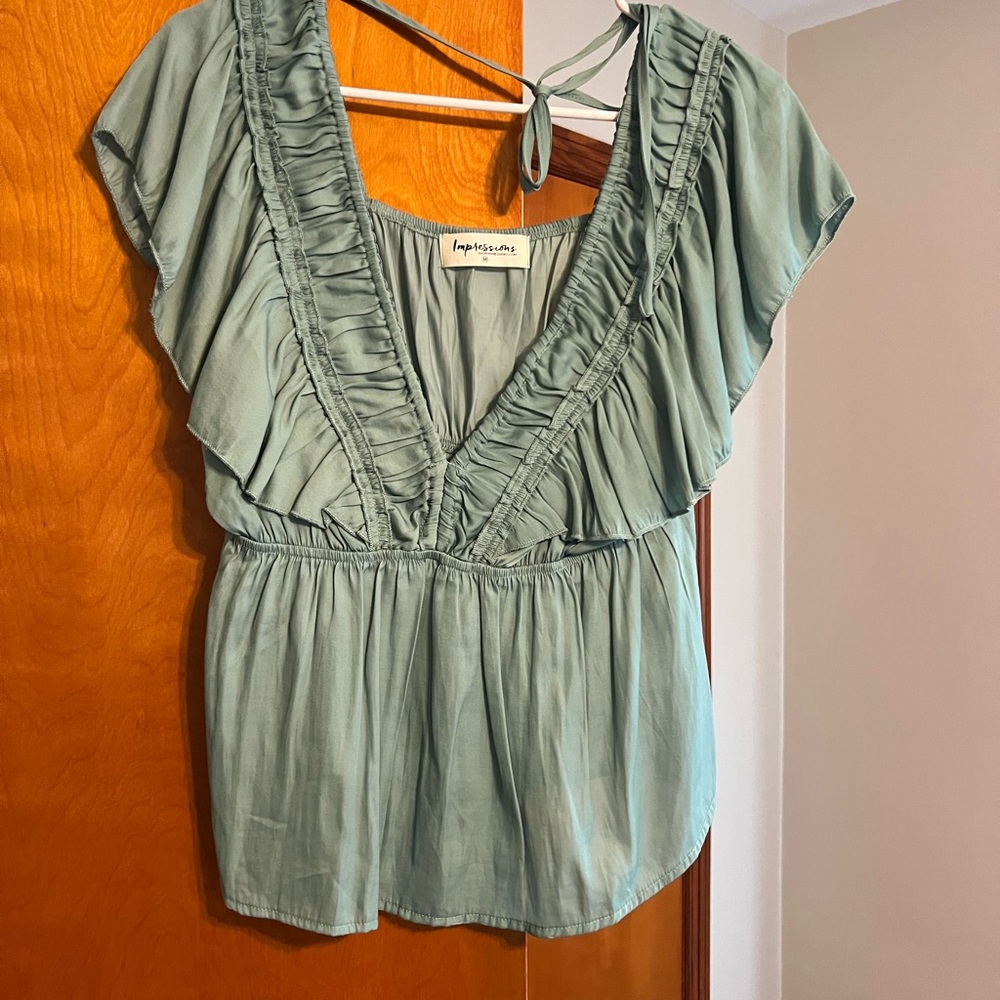 Impressions Teal Ruffled Blouse
